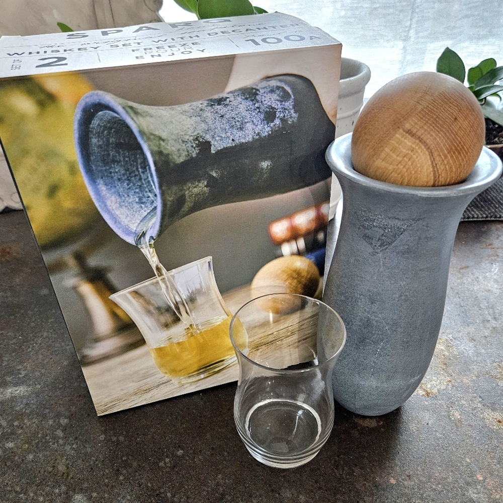 Sparq Home Whiskey 3 pc Set Decanter Original Soapstone Freeze, Pour, Enjoy NIB!